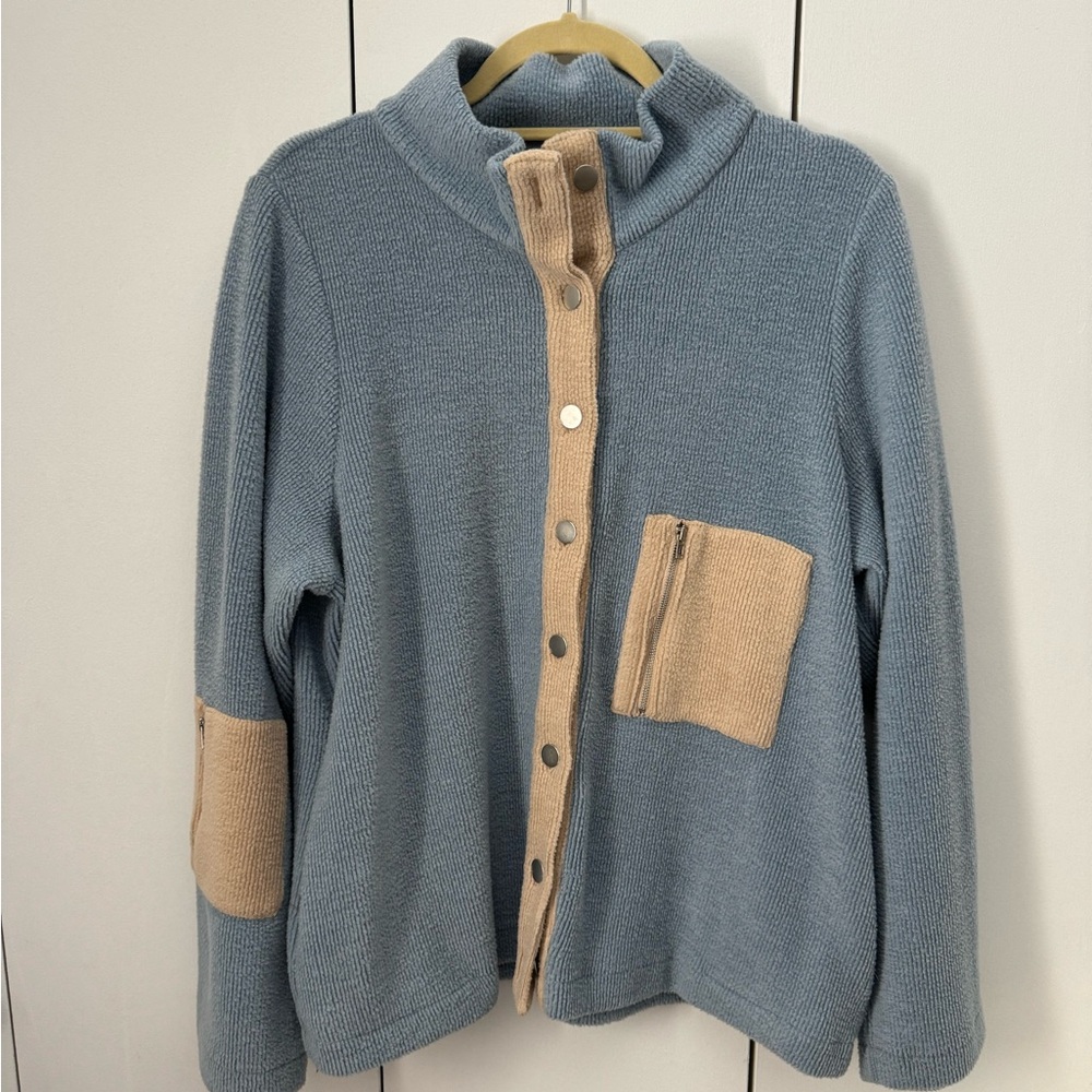Blue and Beige Line and Dot Soft Ribbed Jacket